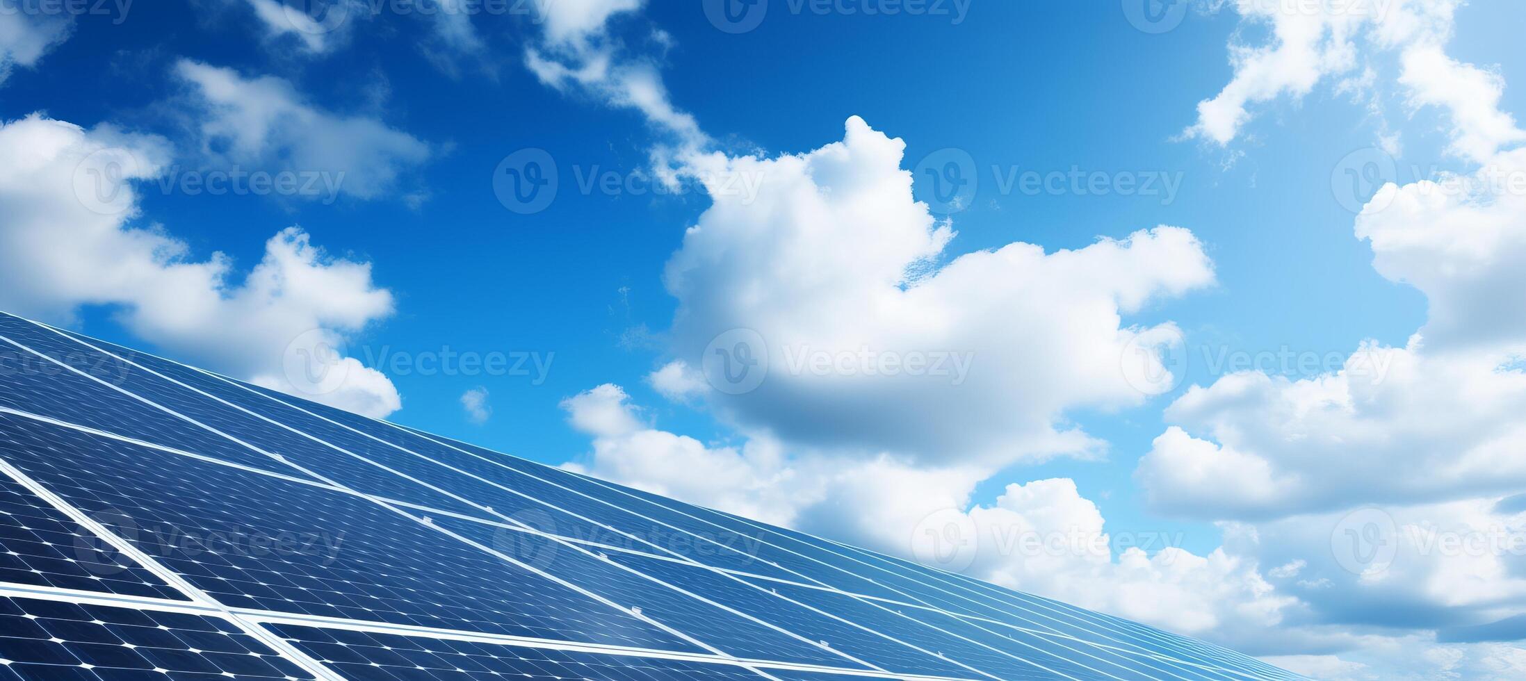 AI generated Solar panels generating clean energy against sky backdrop, promoting renewable energy and nature. photo