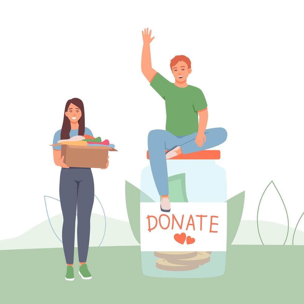 Male sitting on jar for donate. Lady holding box with clothes vector