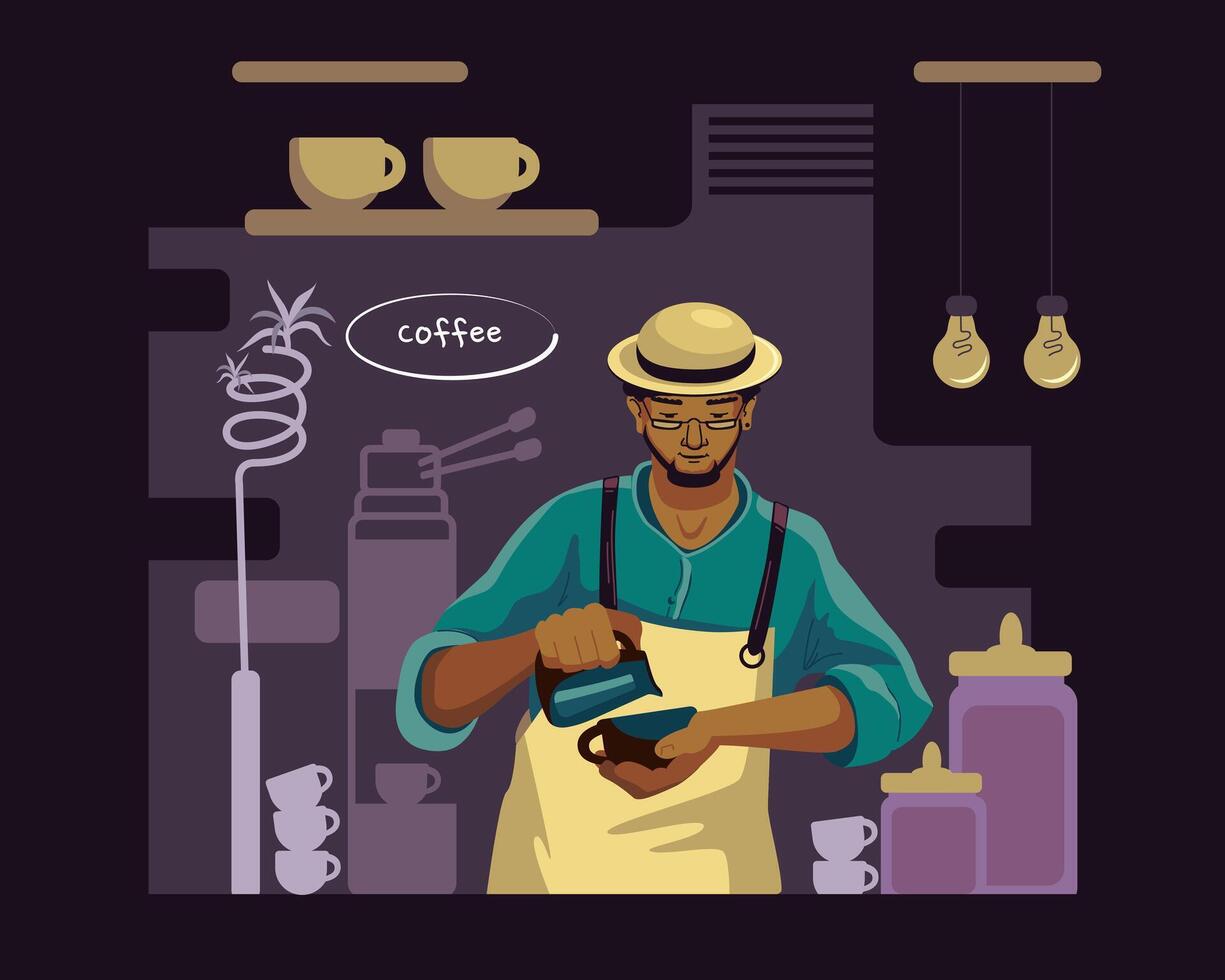 Professional barista holding cup and pouring milk. Prepare hot drink for clients process vector