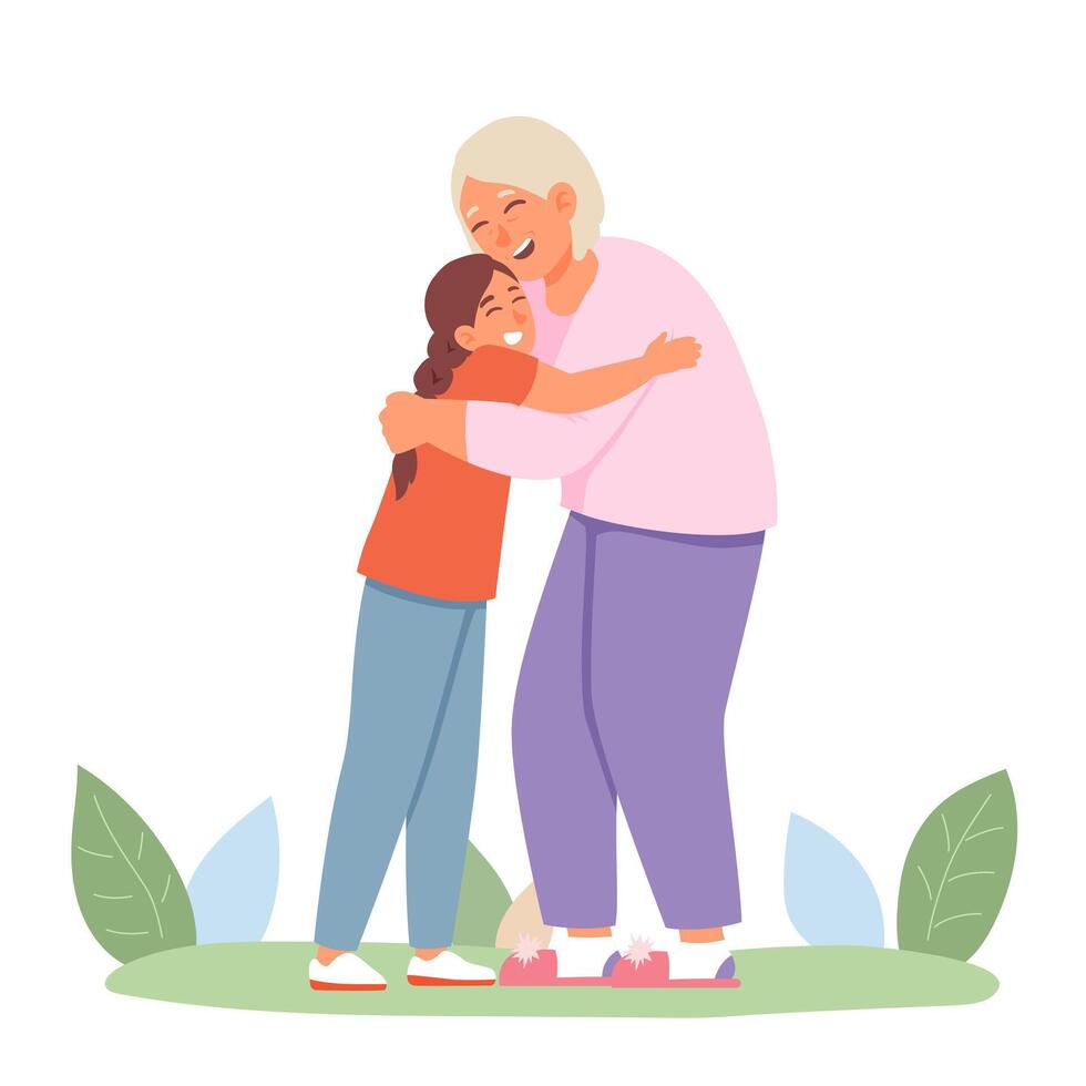 Smiling girl standing with grandma, enjoying meeting. Happy family meet outside vector