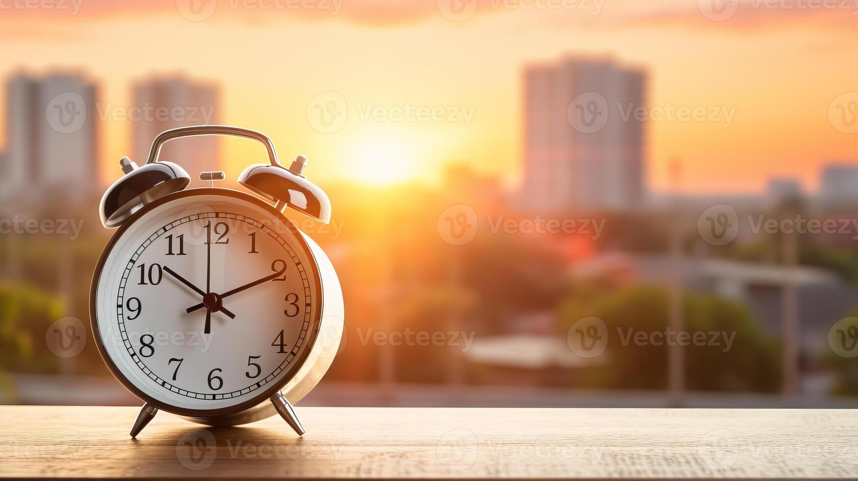 AI generated Morning bliss  happy woman stretching in bed with alarm clock and sunlight streaming through window photo