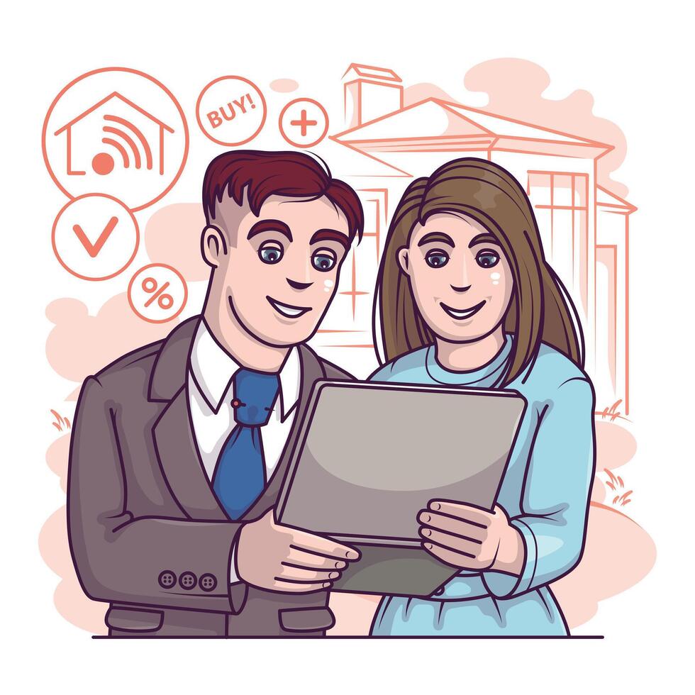 Realtor holding laptop and showing lady house. Benefits and discounts vector