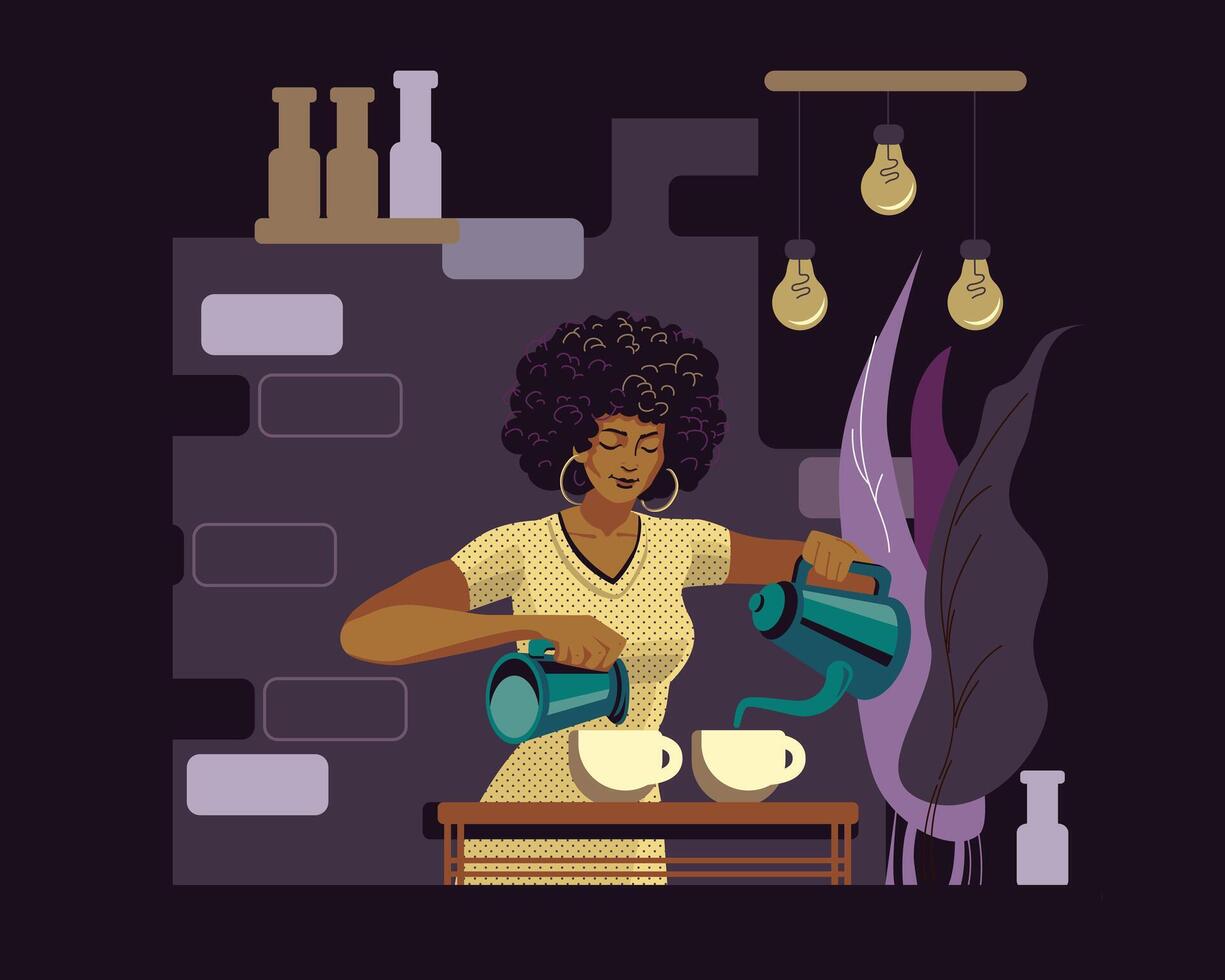 American lady preparing two drinks for customer. Prepare hot drink for clients process vector