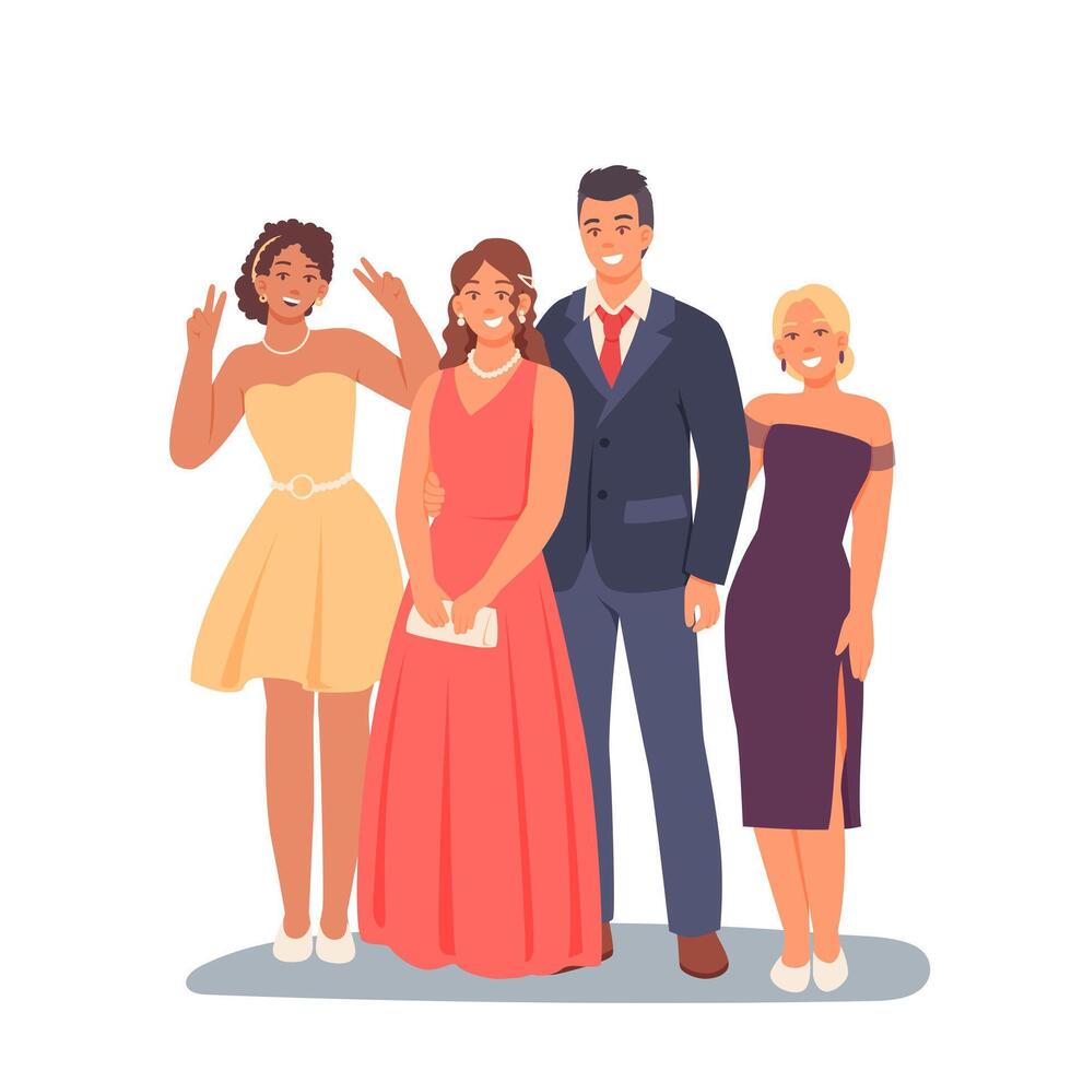Portrait of beautiful young group of people in dresses and suit vector