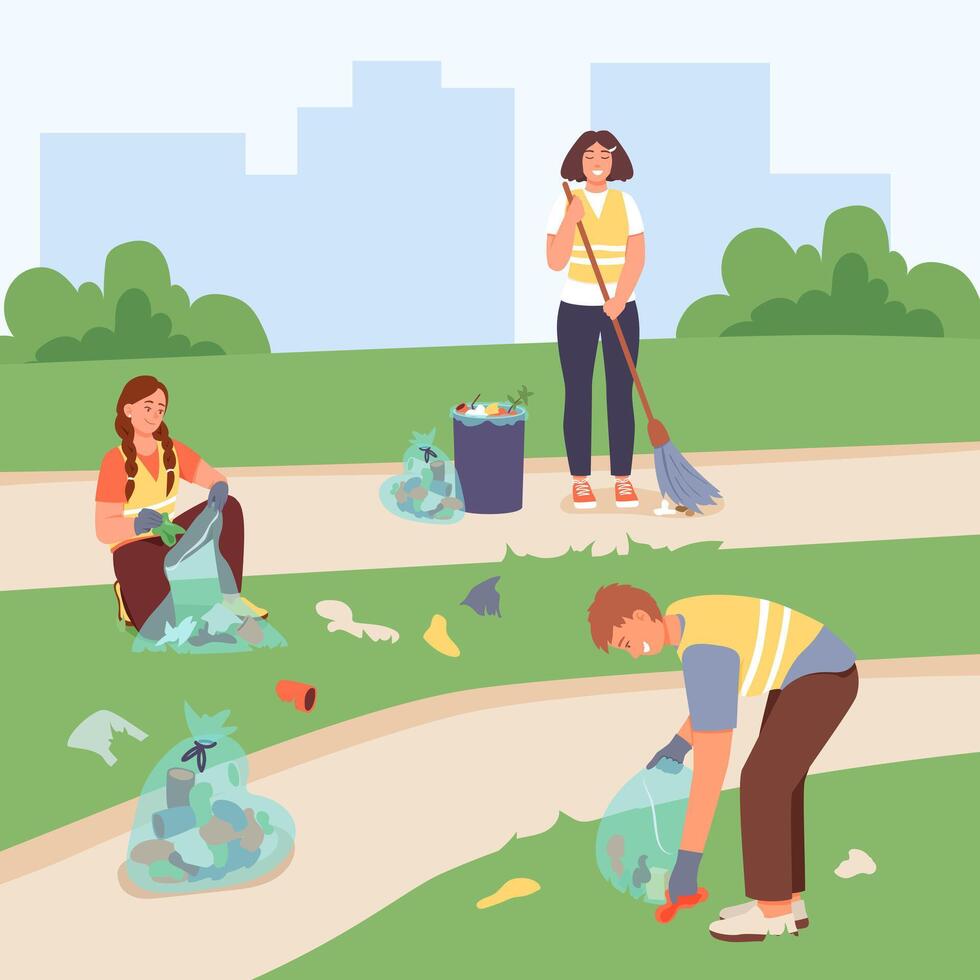 Young male and ladies cleaning park zone. Help and care of environment vector