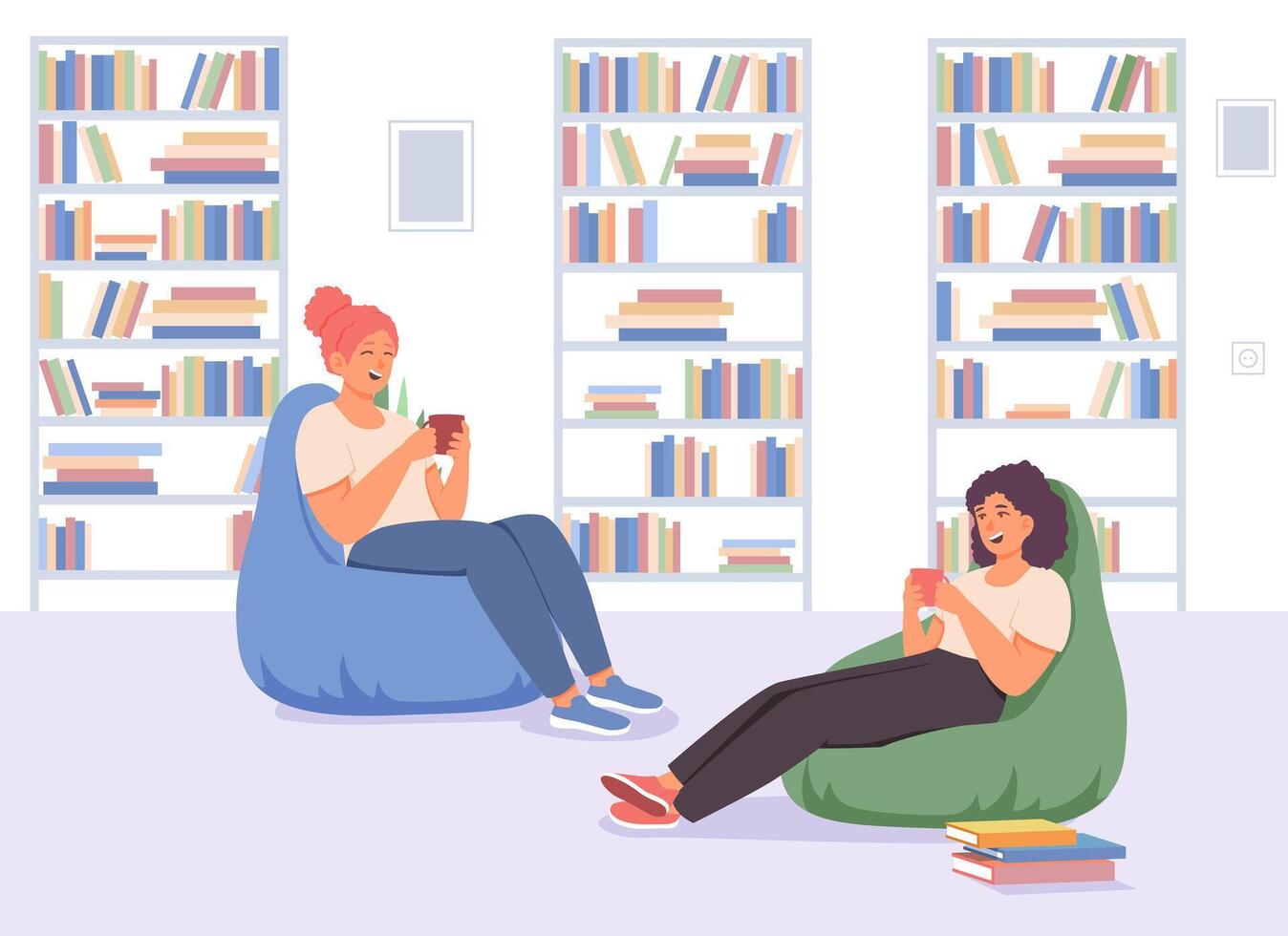 Ladies sitting in library, holding cup of tea and drinking vector