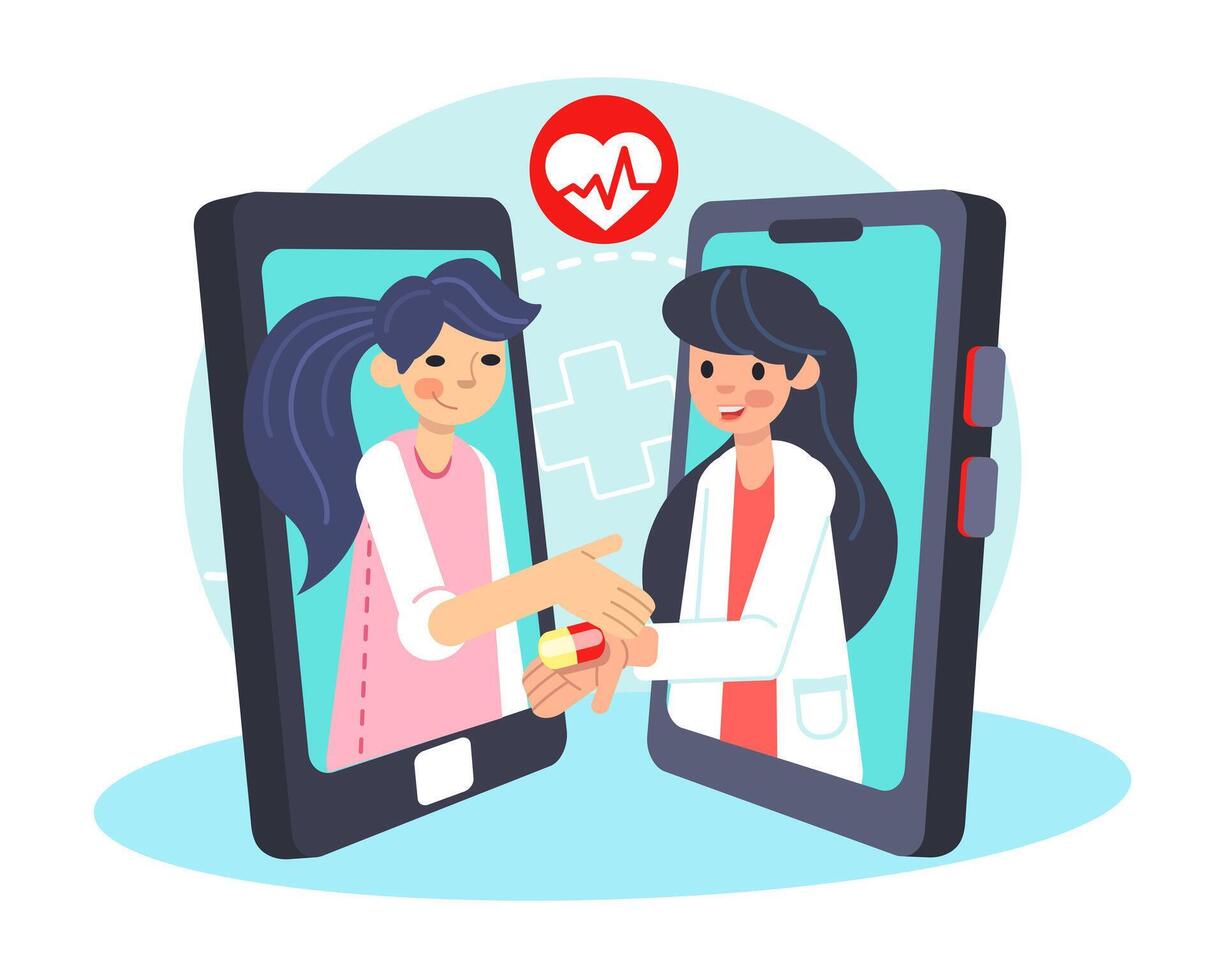 Doctor talking and giving advice to lady via smartphone. Online medical support for sick people vector