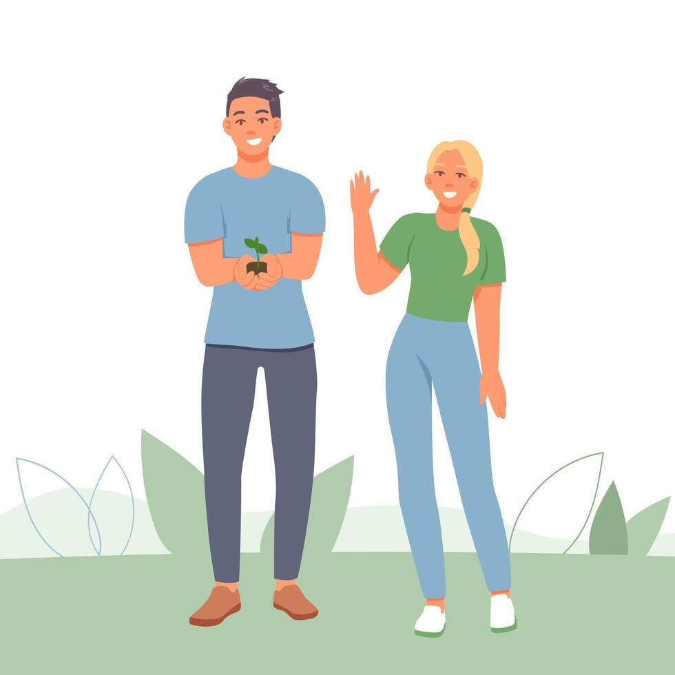 Smiling man holding little plant, woman standing near. Help and care of environment vector