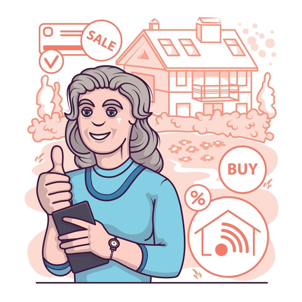 Old lady looking to buy new house. Rent and sale, ordering different property via gadget vector