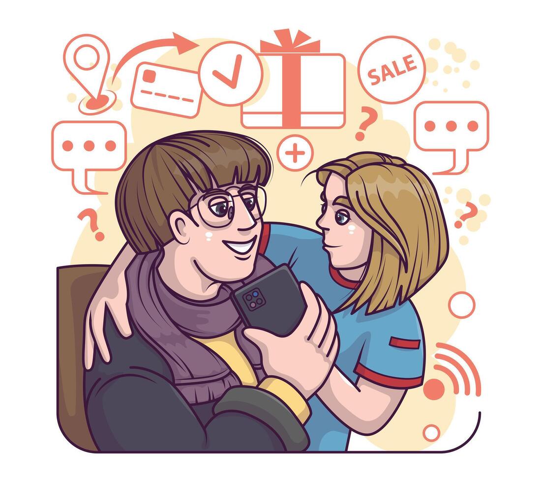Happy man and woman buying gifts for each other via smartphone vector