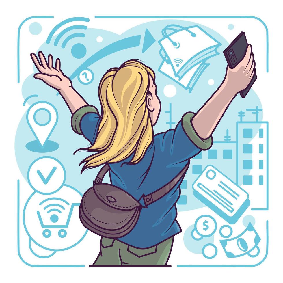Happy female with smartphone makes purchases, ordering home delivery, cashless payment vector