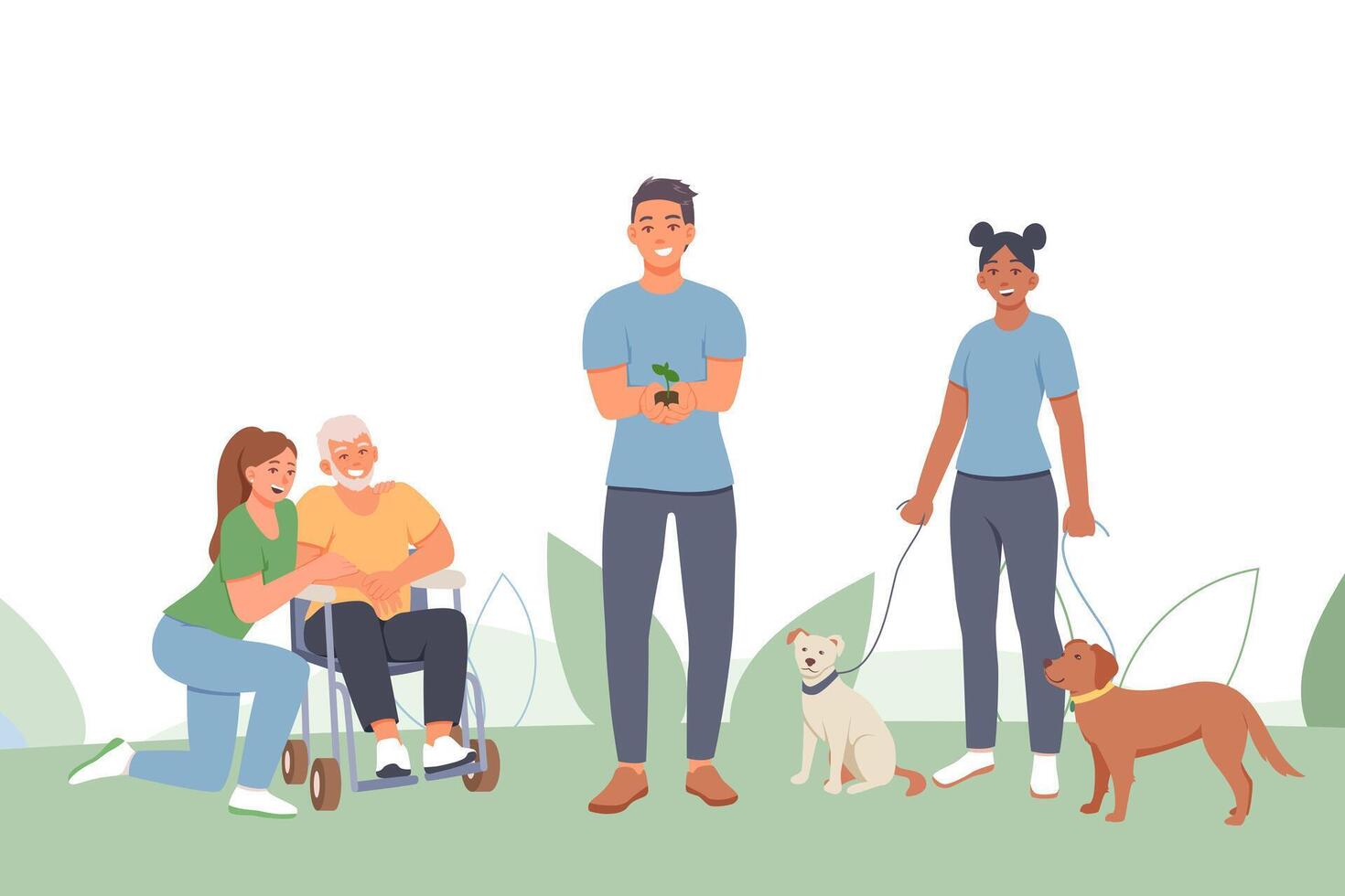 Lady talking with man on wheelchair, lady walking with dogs vector