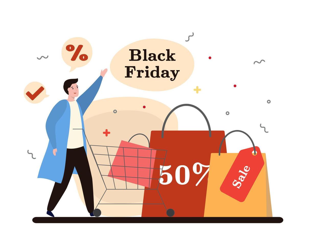 Male with cart going to make purchases on Black Friday. Favorable and cheap purchases concept vector