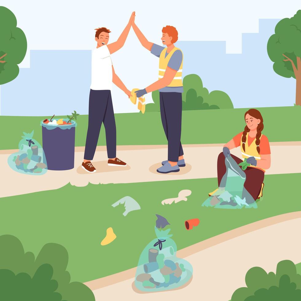 Volunteer collect waste and cleaning park territory. Help and care of environment vector