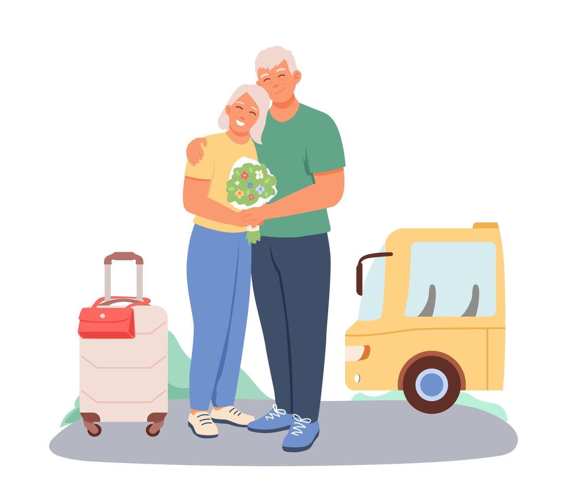 Adult man hugging female with bouquet of flowers. People waiting for transport outside vector