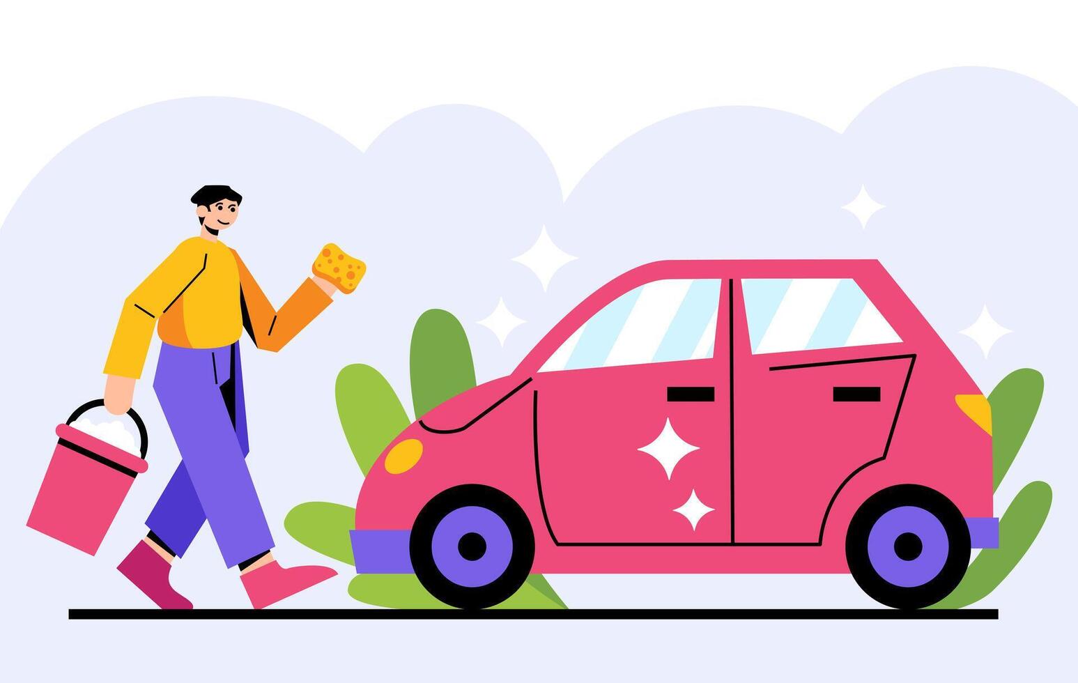 Male holding bucket and sponge and going to clean auto. Place for auto transport wash vector