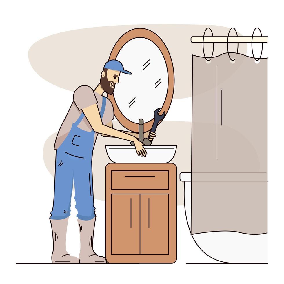 Young man in uniform performing replacement of plumbing vector