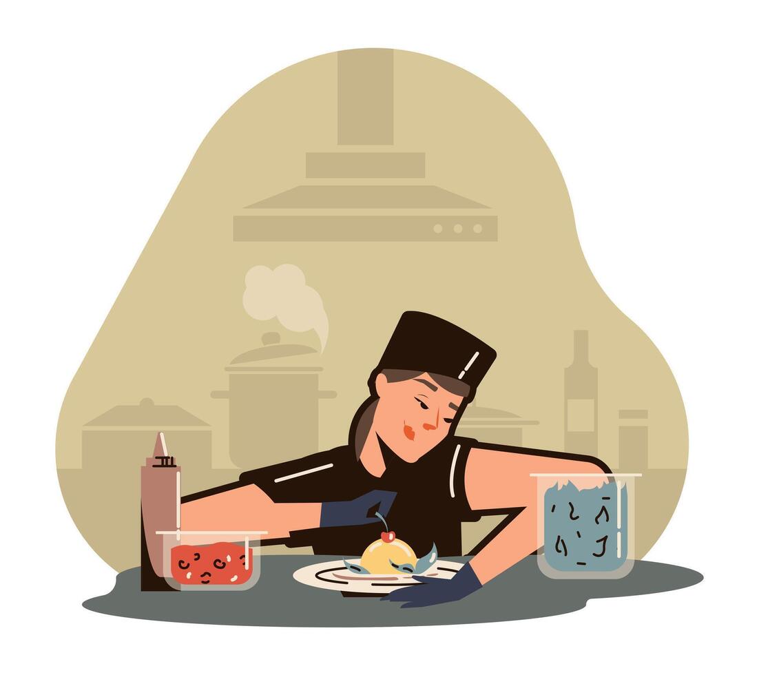 Smiling lady cooking dessert. Cooking cake concept. Cartoon character in uniform cooking on kitchen vector