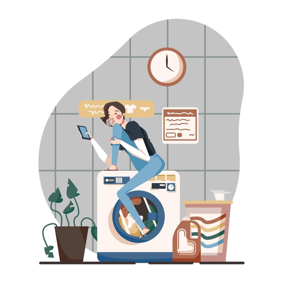 Female sitting on washing machine and looking on smartphone, waiting for wash to finish vector