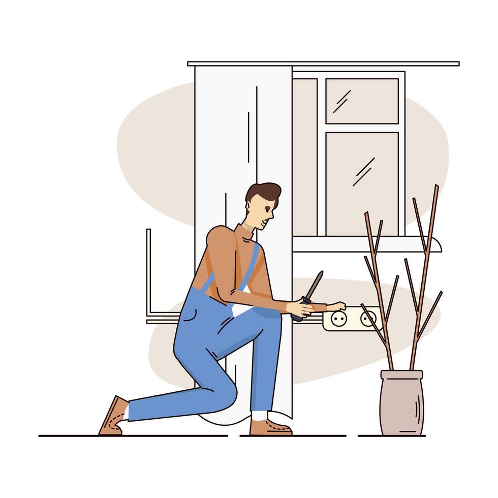 Worker with instrument standing in apartment and performing repair of outlets vector