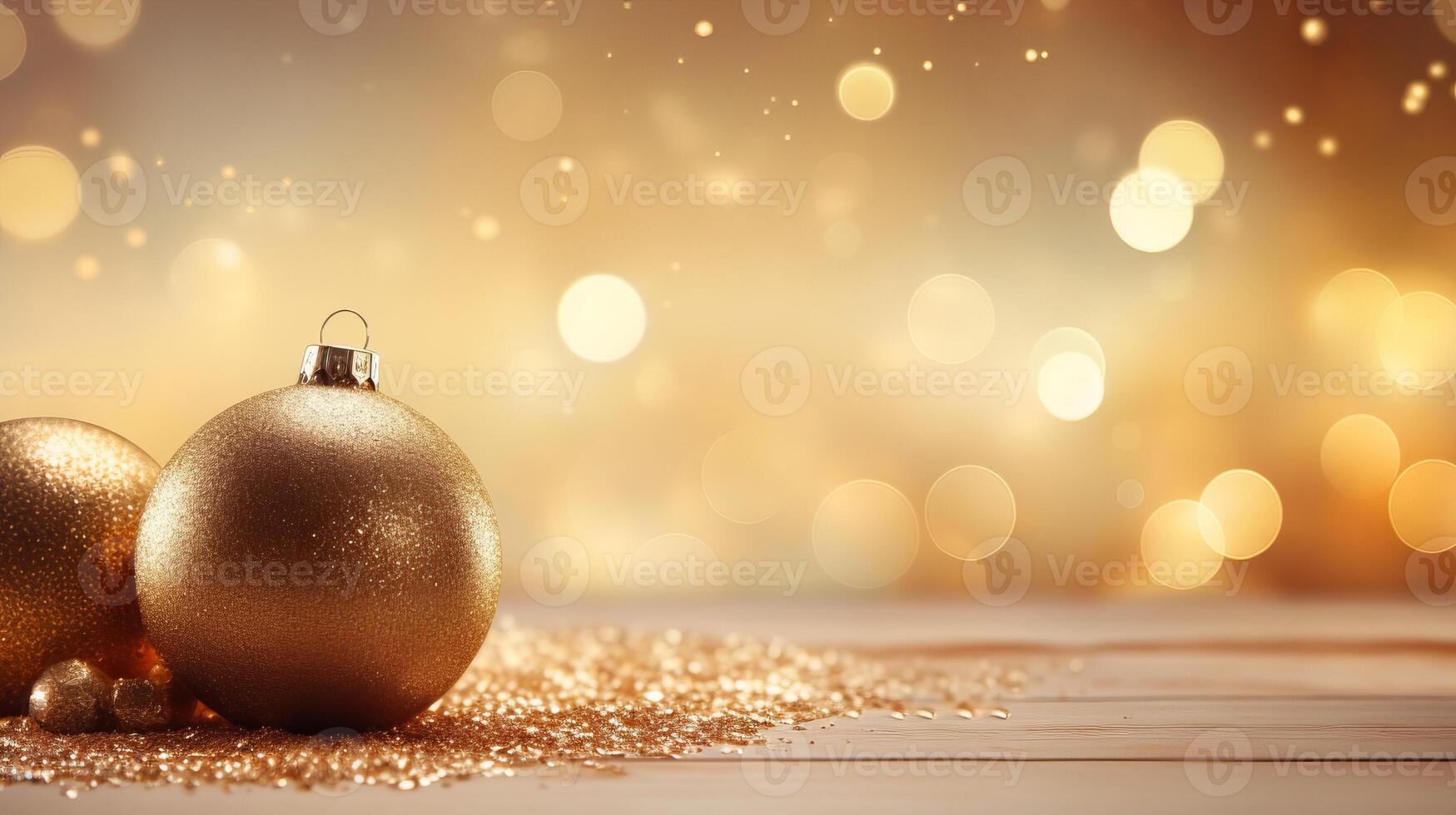 AI generated Golden baubles sparkling on christmas tree with magical celebration atmosphere   wide format banner photo