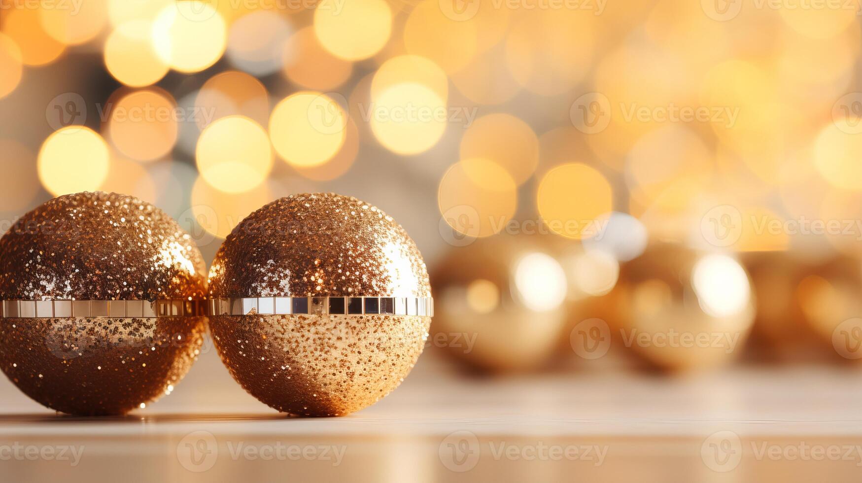 AI generated Golden christmas tree with close up gold baubles and sparkling lightsWide format banner background. photo