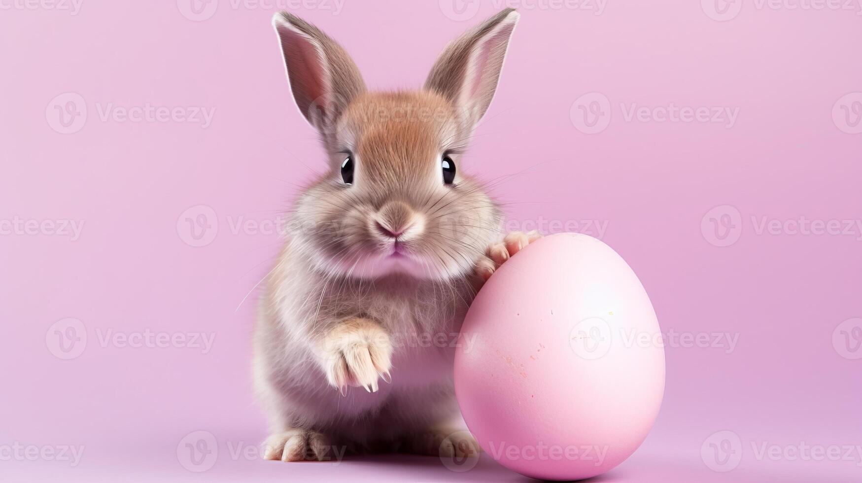 AI generated Easter bunny rabbit with colorful egg on pastel spring background, perfect for text placement photo