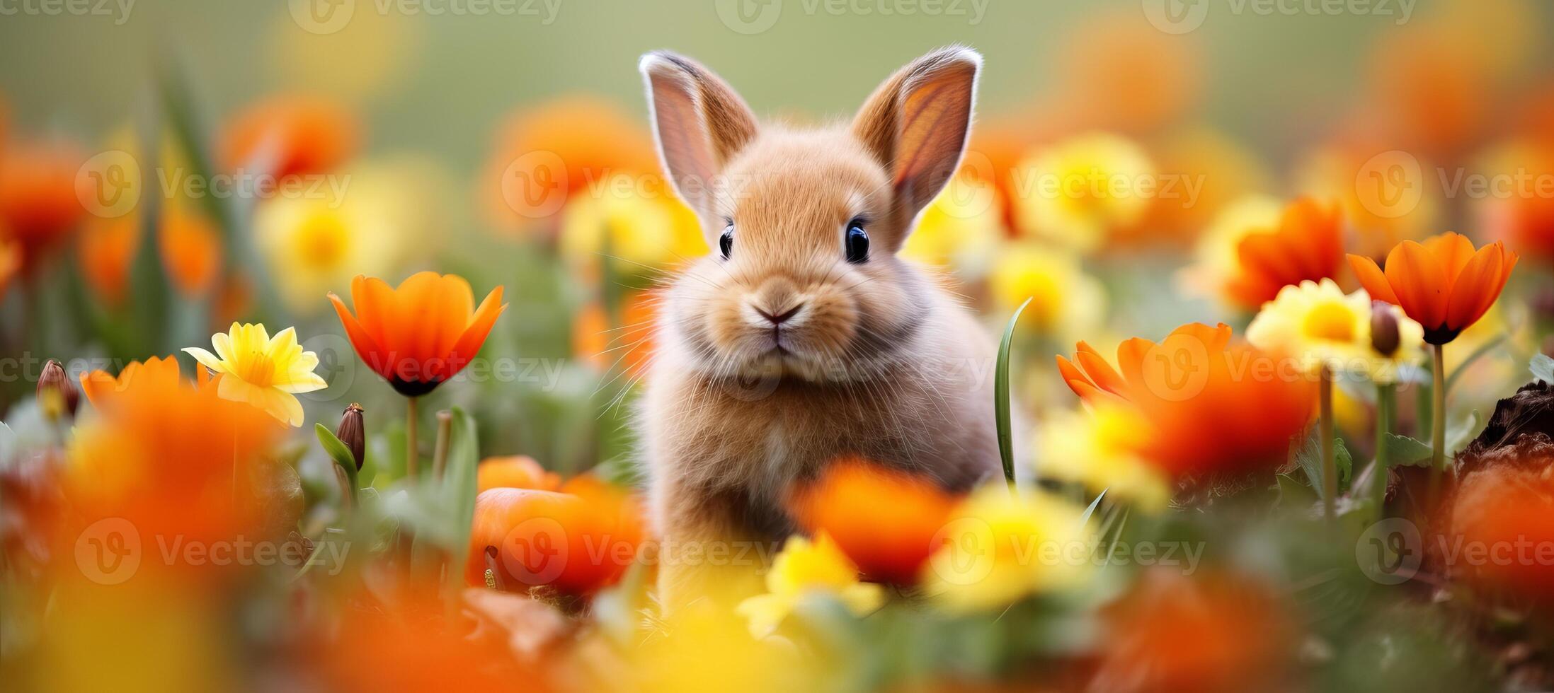 AI generated Adorable bunny with easter eggs in flowery meadow, vibrant image with copy space for text placement photo