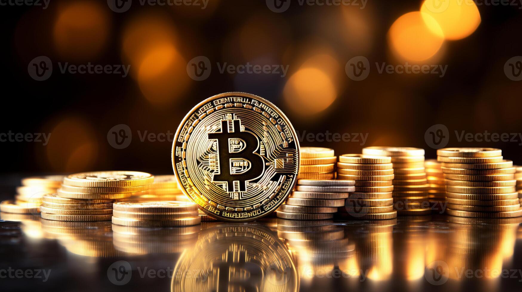 AI generated Bitcoin on yellow abstract background with text space and design elements for marketing campaigns photo