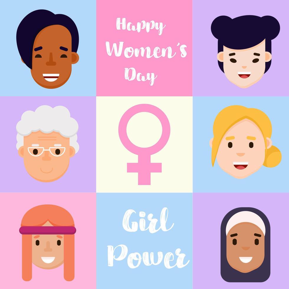 internacional De las mujeres día saludo tarjeta. 8 marzo bandera, póster, social medios de comunicación enviar modelo con mujer plano caracteres vector