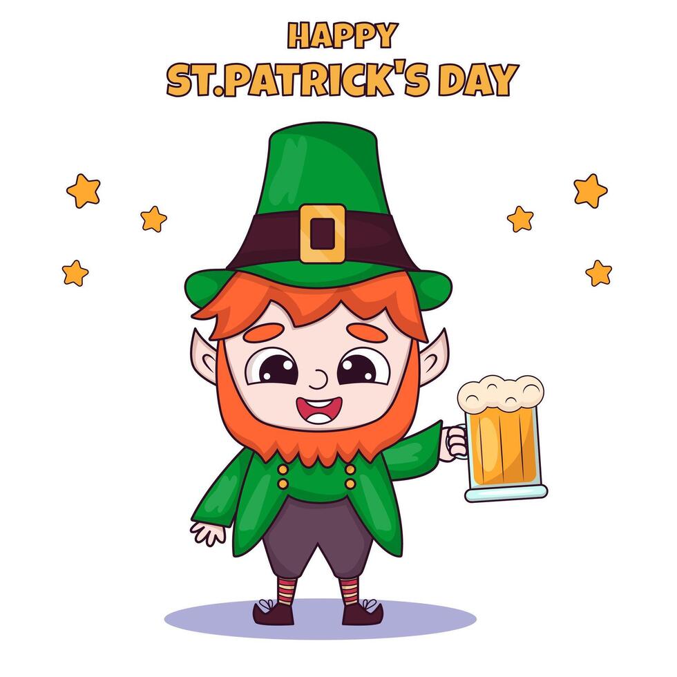 S t patrick's día duende linda personaje con taza de cerveza , saludo tarjeta, bandera, póster vector