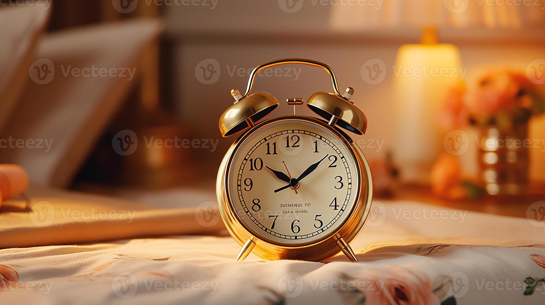 AI generated Happy woman stretching in bed with alarm clock, enjoying a peaceful morning bathed in sunlight photo