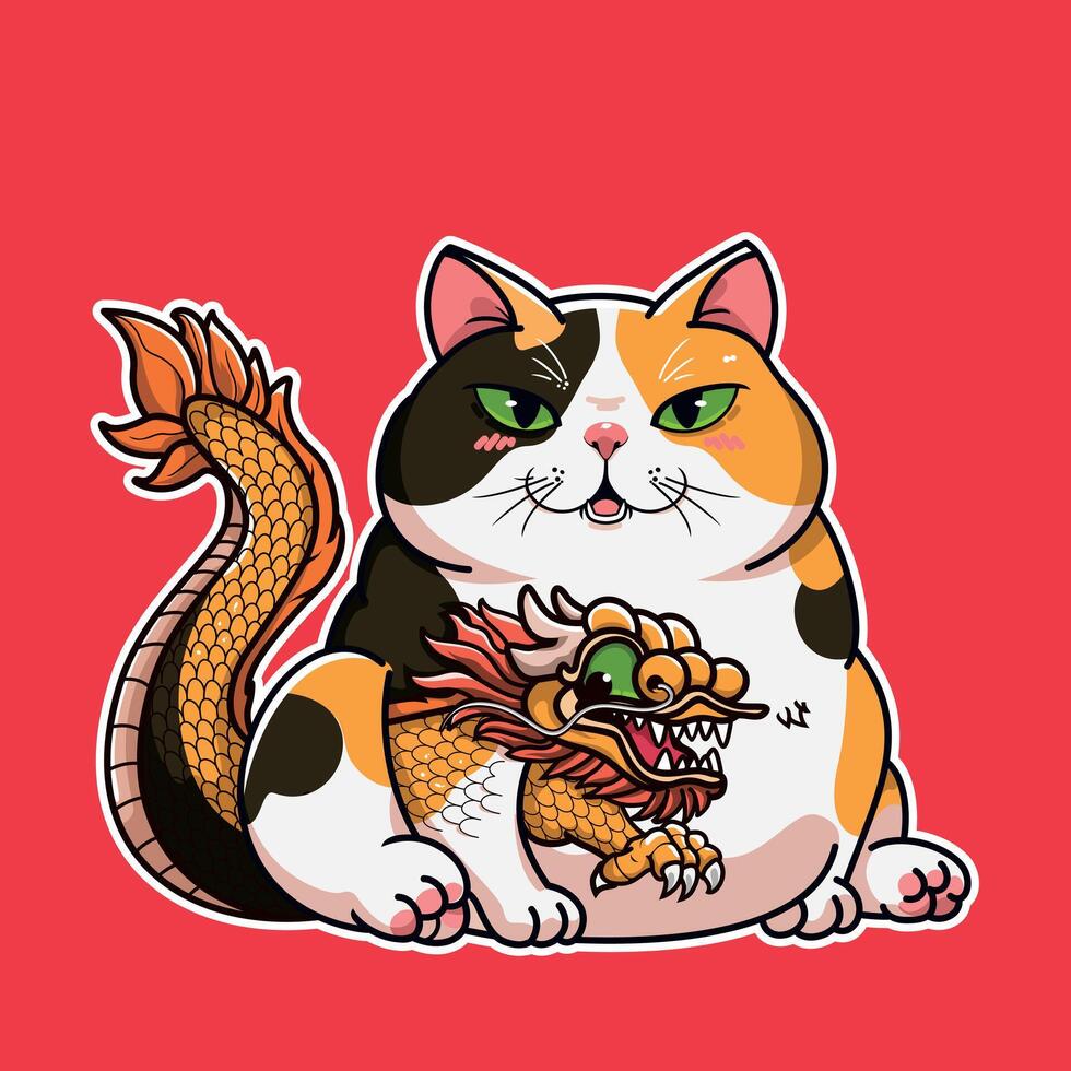 chinese dragon on calico cat body vector illustration