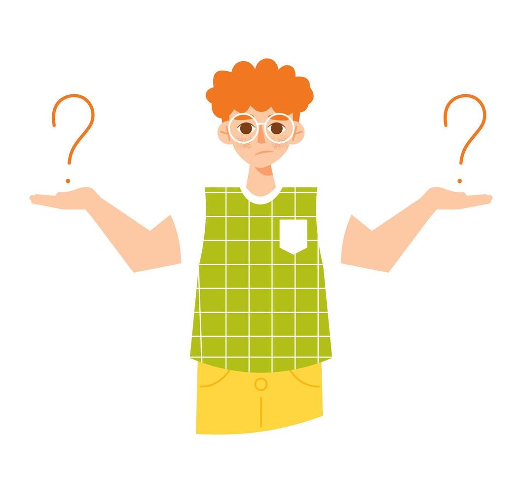 Confused young guy thinking and making choice surrounded by question marks. Vector character isolated on white background. Flat cartoon style. Concept of doubting, solving problem, making decision