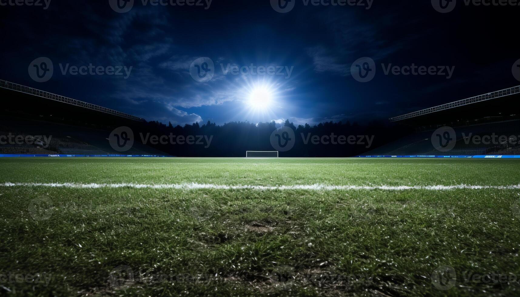 ai generado un majestuoso béisbol diamante iluminado por brillante focos en un envolvente oscuridad foto