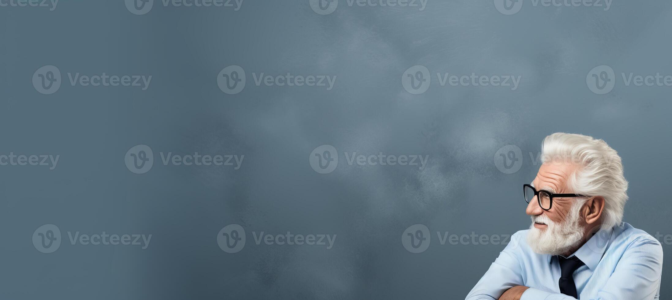 AI generated Senior businessman in formal wear looking away on grey studio background with copy space photo