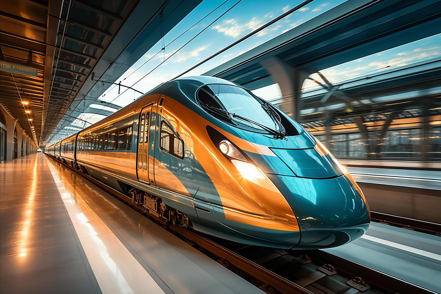 AI generated Powerful high speed train rushing along the tracks with incredible speed and precision photo