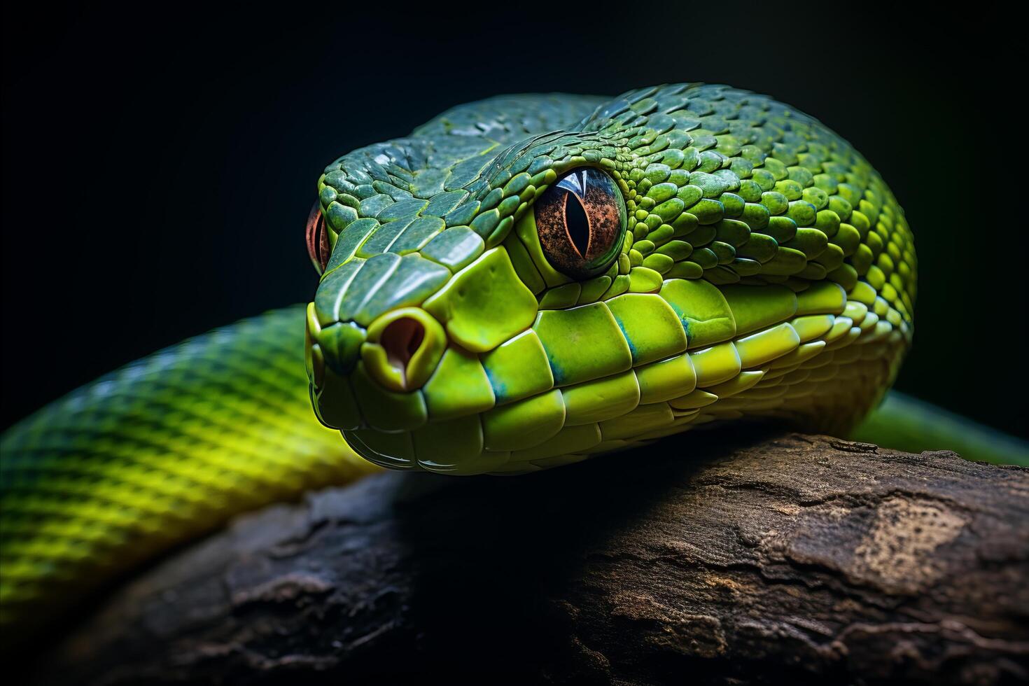 AI generated Exquisite close up of a vivid green snake gracefully coiled on a lush jungle tree branch photo