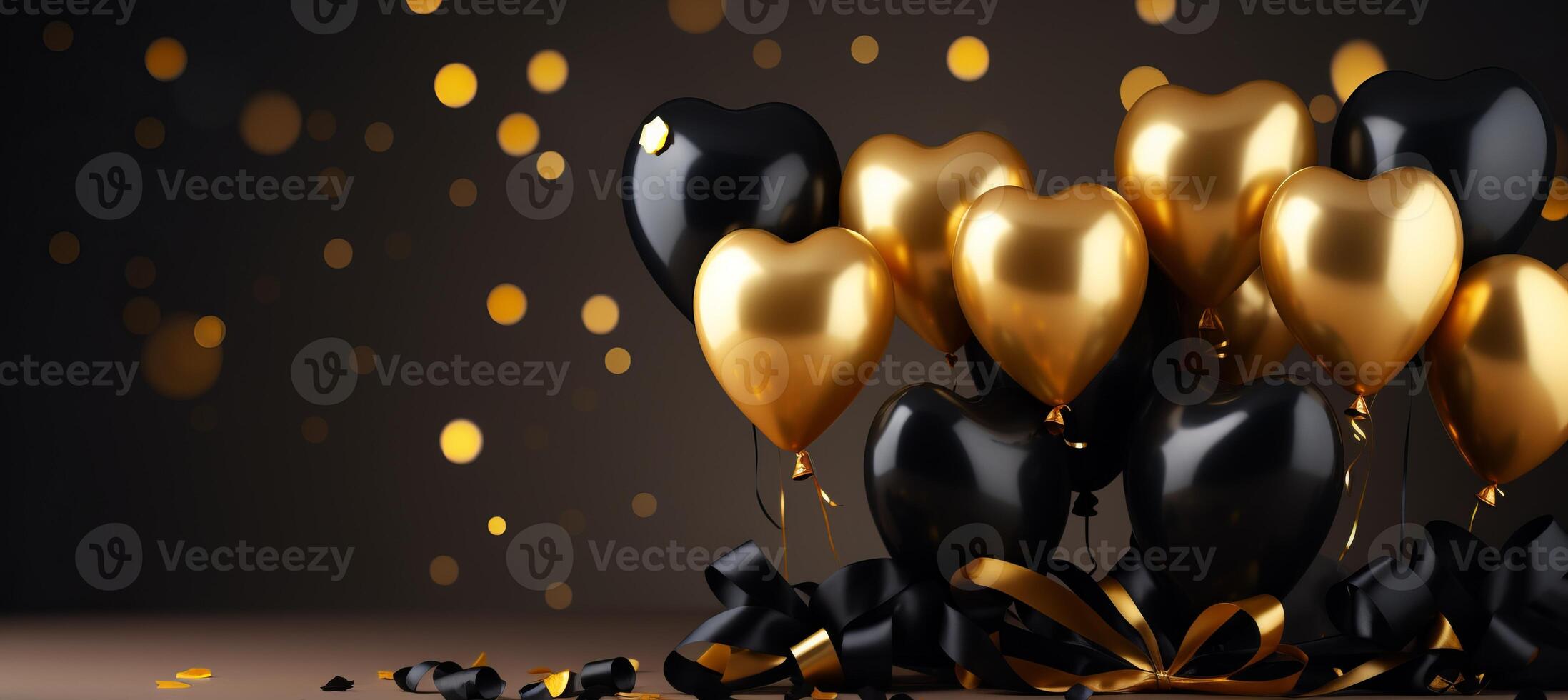 AI generated Golden and black metallic balloons with confetti on blurred background for celebrations and events. photo