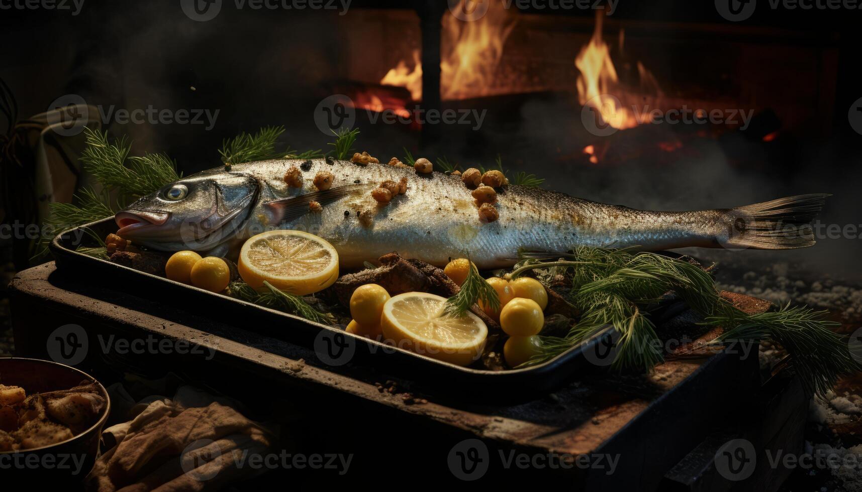AI generated Exquisite and flavorful roasted fish searing in a pan, enticing and ready to be savored photo
