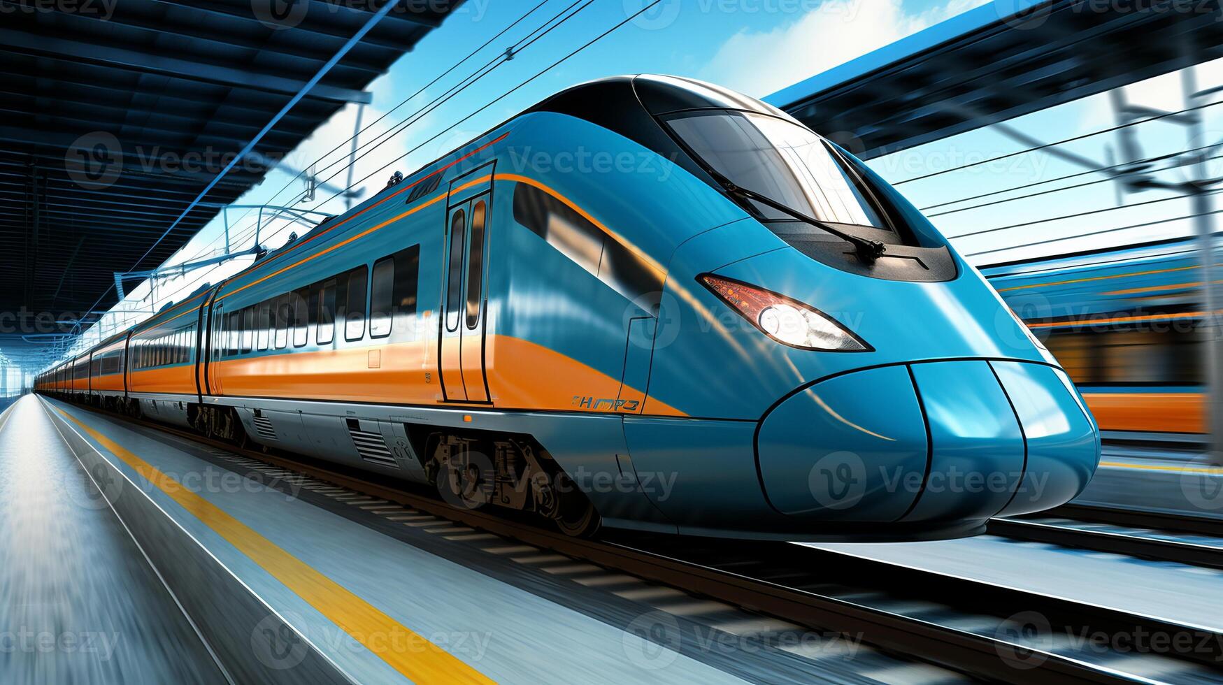 AI generated Blurred motion of a sleek high speed train rushing along the tracks with dynamic speed photo
