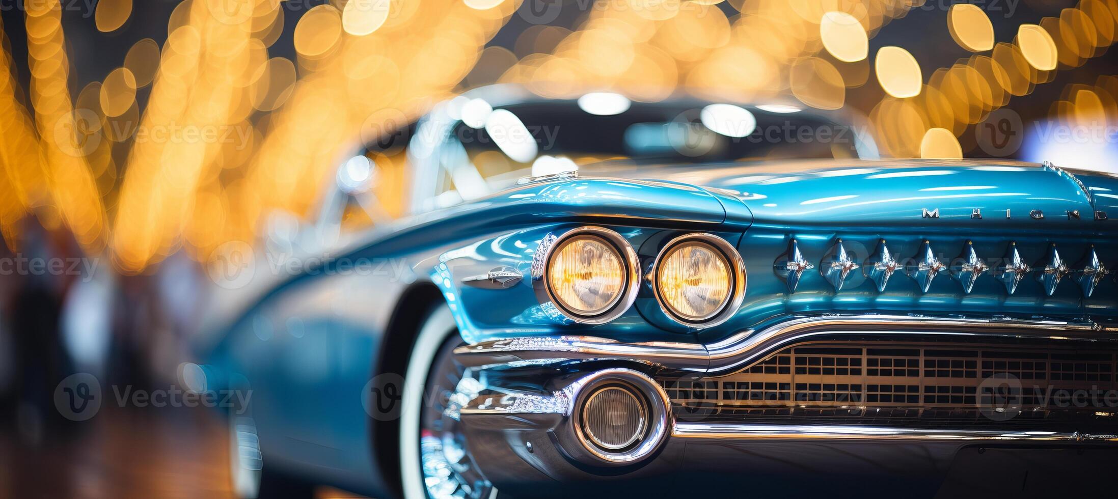 AI generated Vibrant car showroom with blurred bokeh effect, classic icons, and vintage car imagery photo