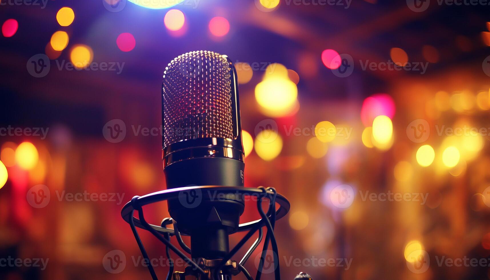 AI generated Studio condenser microphone on blurred background with audio mixer   musical instrument concept photo