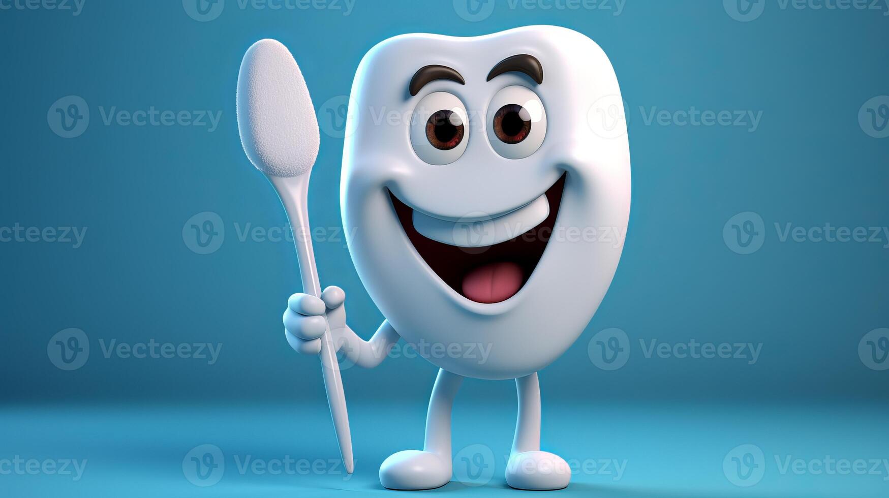 AI generated White cartoon tooth holding toothbrush with bright smile and clean teeth on blue gradient background photo