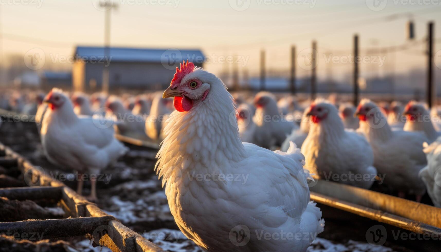 AI generated Beautiful ecological chicken in a spacious domestic farm with a glimpse of chickens at the factory photo