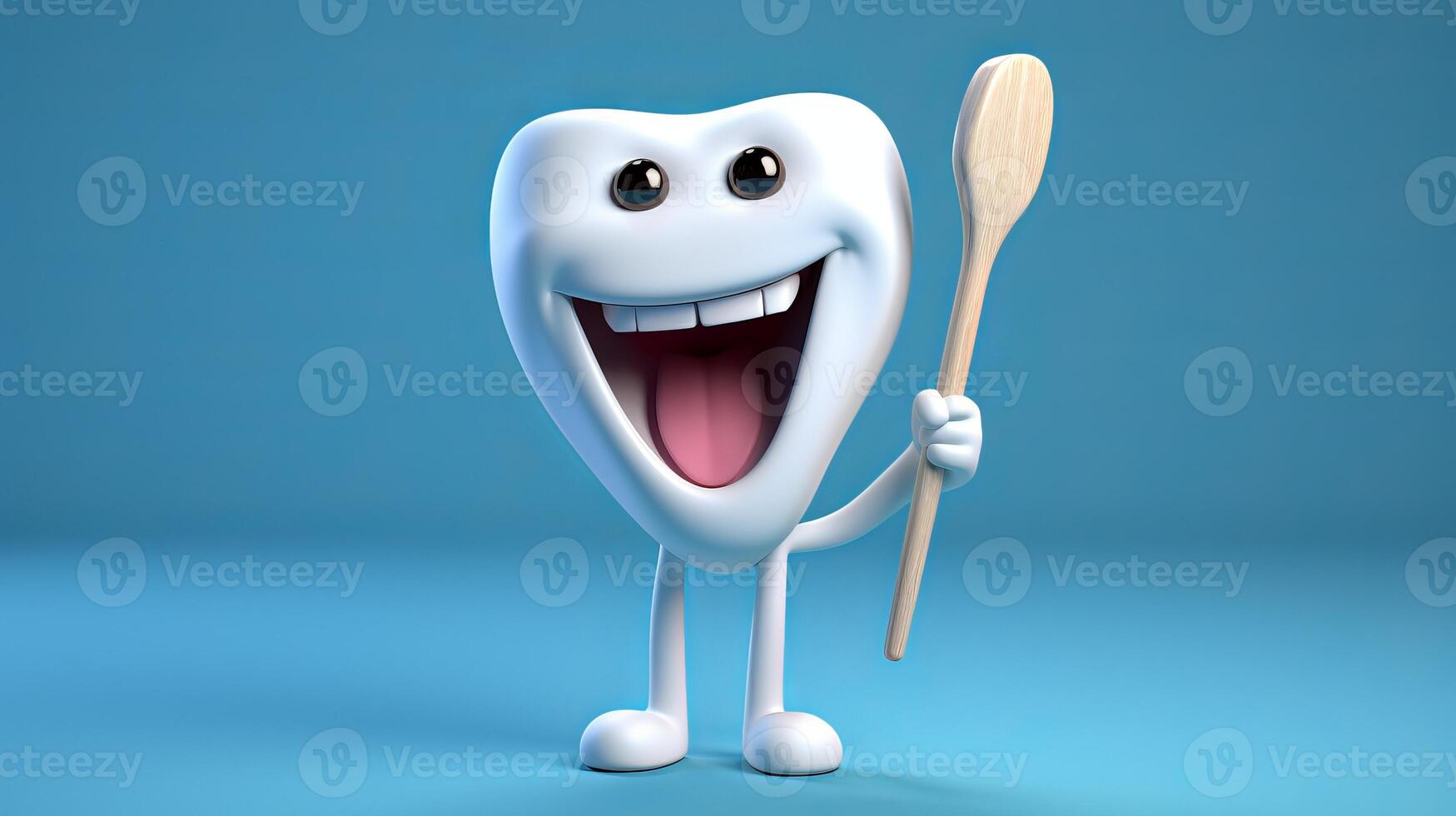 ai generado alegre dibujos animados diente con brillante sonrisa participación cepillo de dientes en azul degradado antecedentes foto