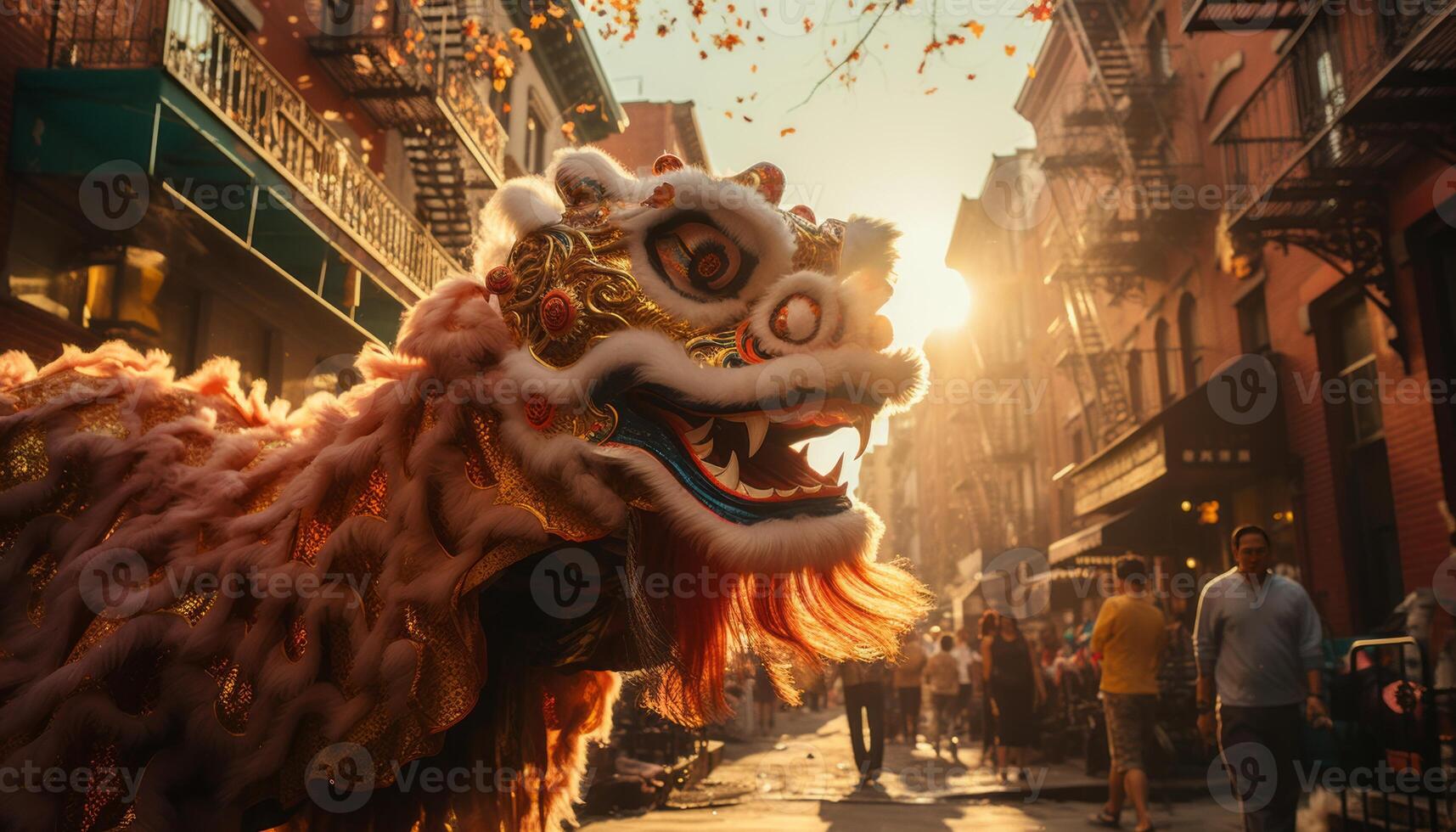 AI generated Lion dancer in mid leap, capturing the energy and grace of chinese new year celebration photo