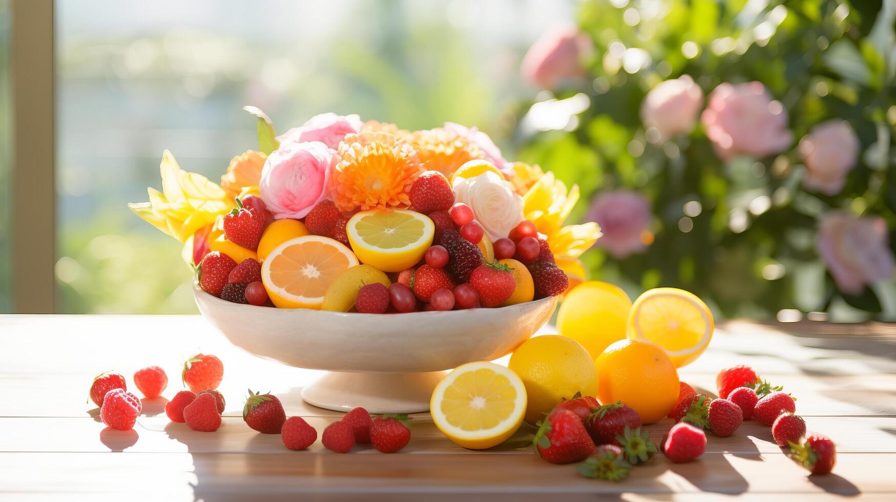 Vibrant outdoor brunch with colorful cocktails and fresh fruit in dreamy bokeh backdrop photo