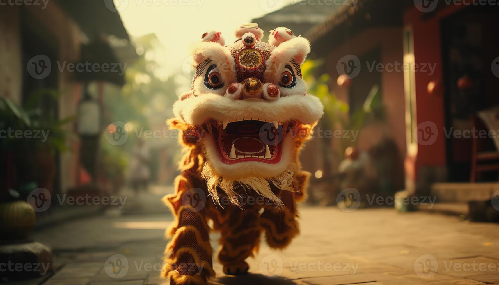 AI generated Lion dancer in mid leap, capturing the energy and grace of chinese new year celebration photo