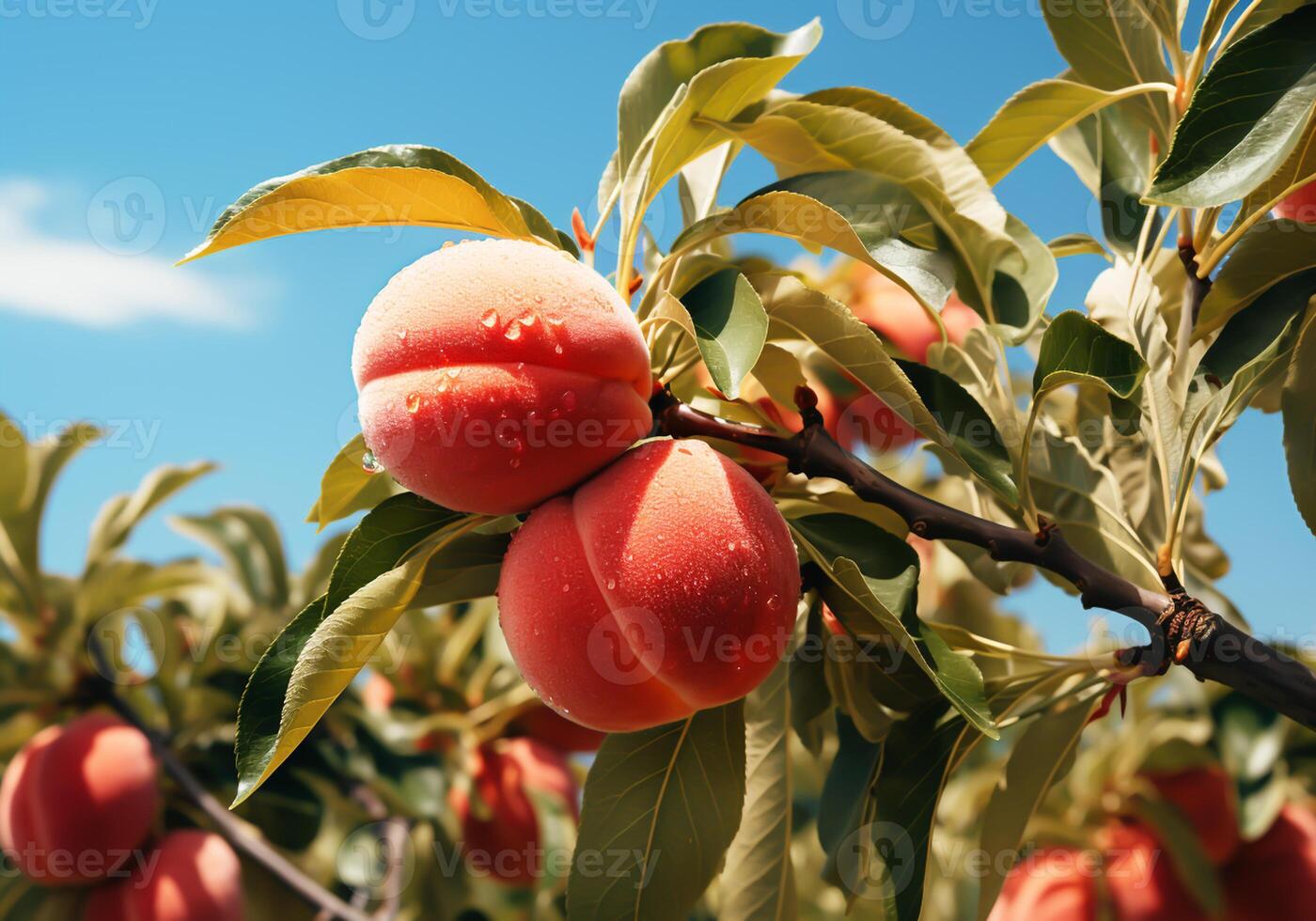 AI generated Ripe and juicy peaches hanging on tree with blue sky. Healthy food. photo